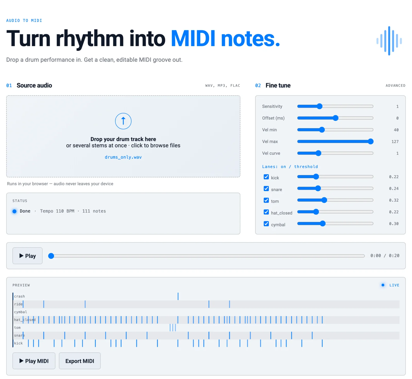drums2midi in light mode with its fine-tune sliders